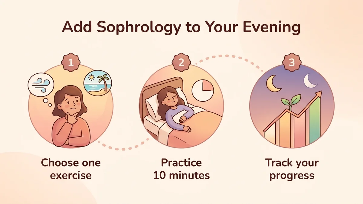 Infographic of the step-by-step process for building sophrology into your evening routine: step 1 choose an exercise, step 2 practice for 10 minutes, step 3 track your progress, with arrows and visual icons