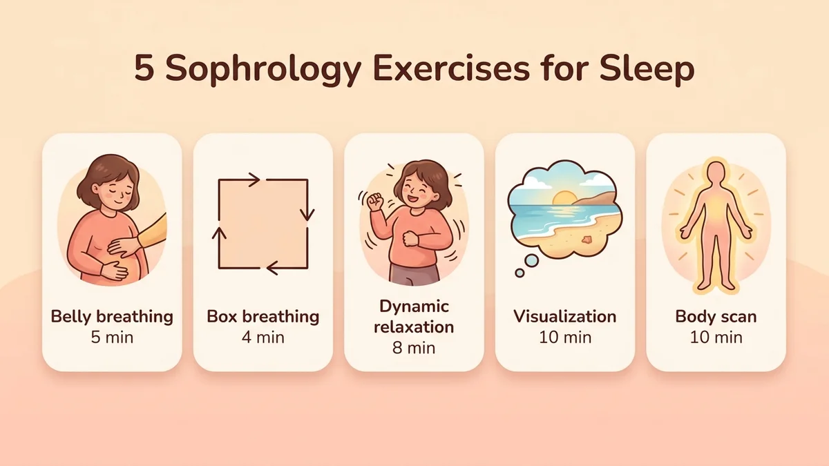 Infographic of the 5 sophrology exercises for sleep: belly breathing, box breathing, dynamic relaxation, positive visualization and body scan, with duration and difficulty level for each