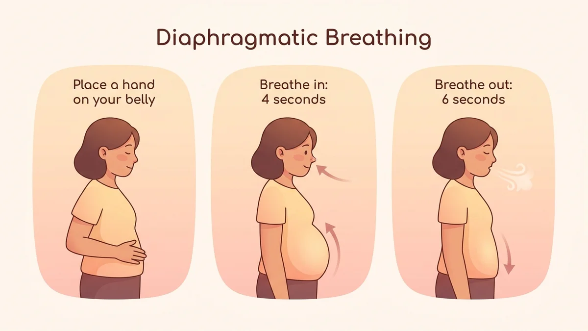 Infographic of diaphragmatic breathing: breathe in for 4 seconds through the nose, expand the belly, breathe out for 6 seconds through the mouth