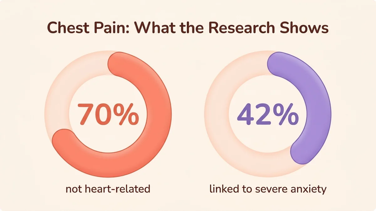 Results infographic: 42% of chest pain linked to anxiety, 70% of non-cardiac origin