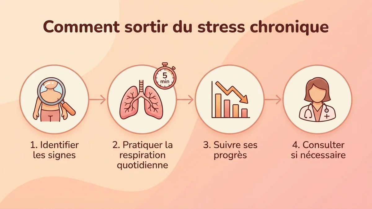 Schéma du processus étape par étape pour sortir du stress chronique : identifier les signes, pratiquer la respiration, suivre ses progrès, consulter si nécessaire