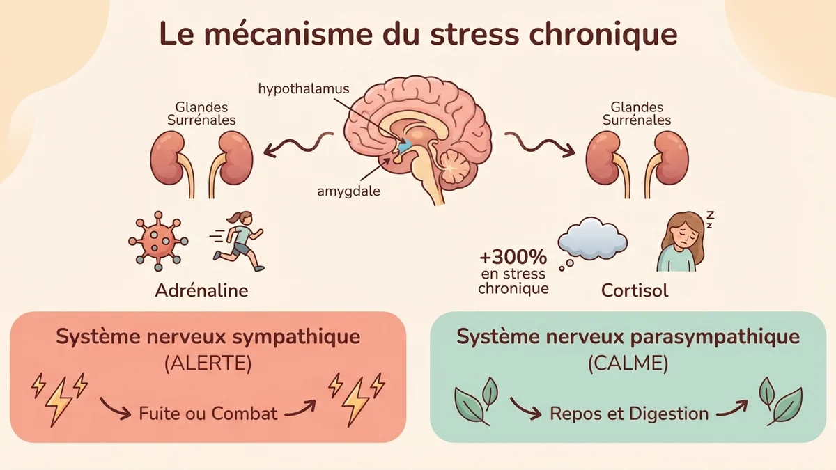 Infographie du mécanisme du stress chronique : schéma visuel montrant l'axe HPA activé en permanence, avec les effets du cortisol élevé sur les différents systèmes du corps