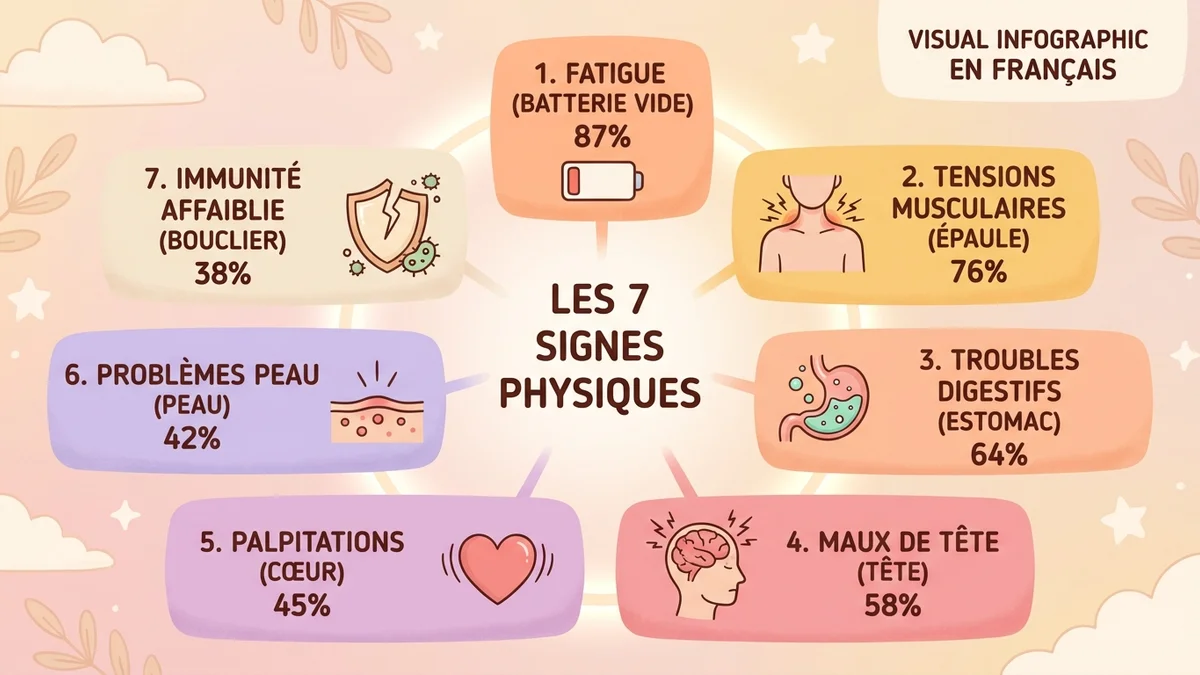 Infographie des 7 signes physiques du stress chronique avec icônes visuelles pour chaque symptôme et pourcentages de fréquence
