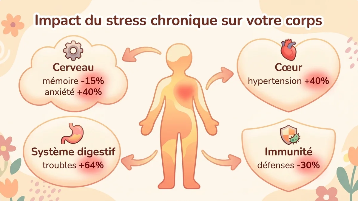 Infographie des effets du stress chronique sur les différents systèmes du corps : cerveau, cœur, système digestif, immunité, avec statistiques clés