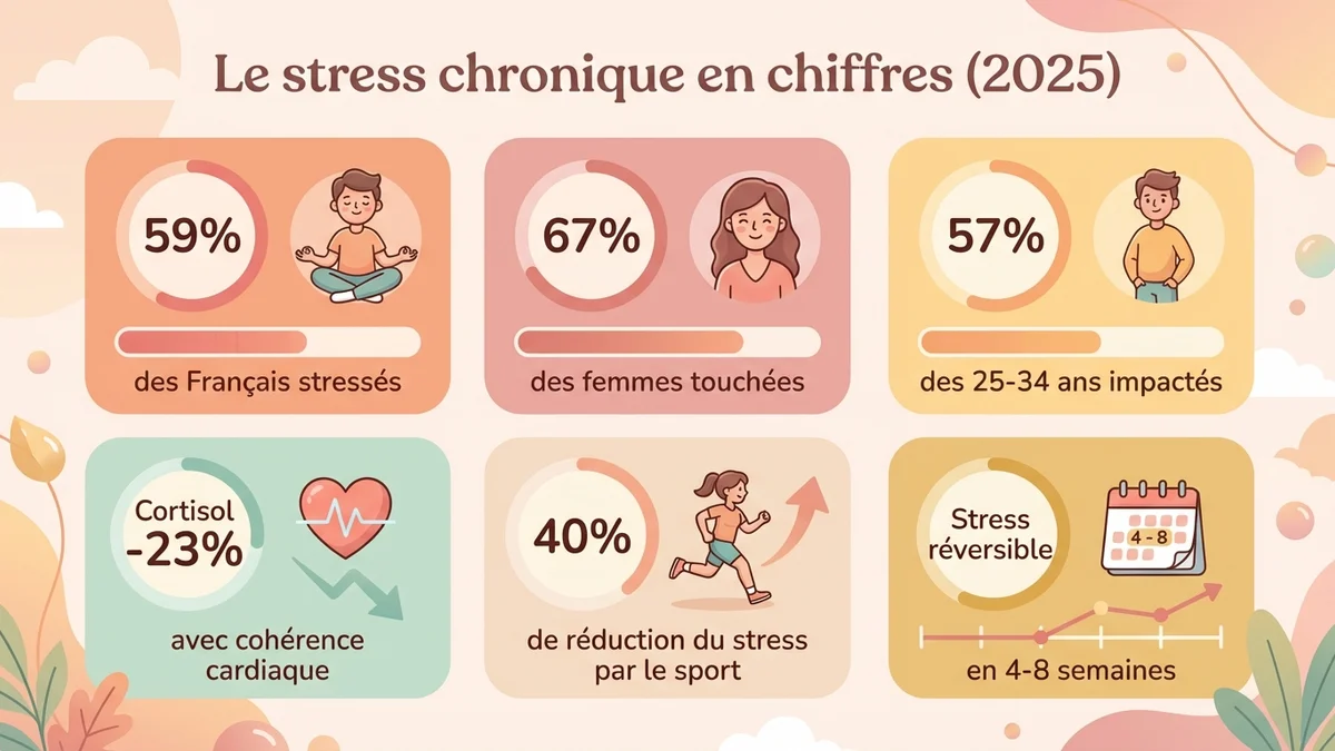 Infographie montrant les statistiques clés du stress chronique en France : 59% des Français stressés, 67% des femmes touchées, réduction de 23% du cortisol par la cohérence cardiaque