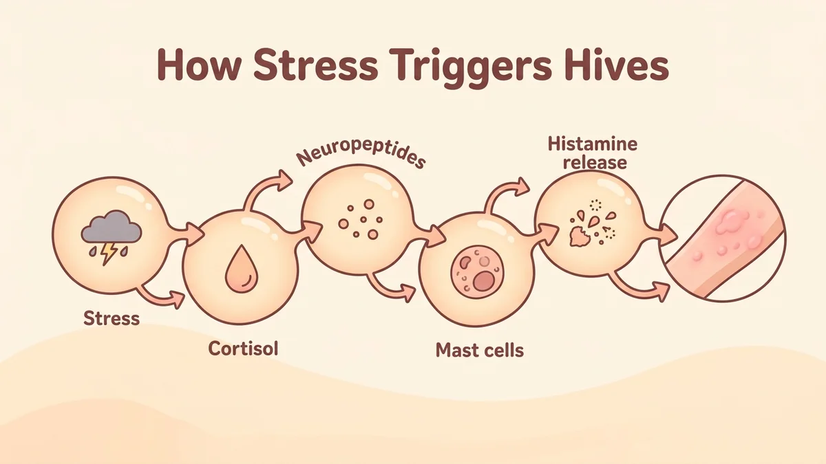 Infographic of the neuro-skin mechanism: a diagram showing the path from stress to cortisol, neuropeptides, mast cell degranulation and histamine release in the skin