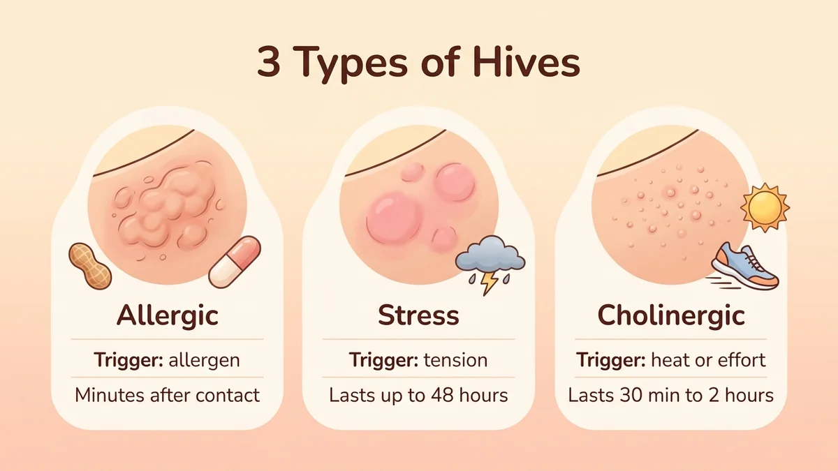 Comparison infographic of the three types of hives with their visual characteristics, triggers and durations