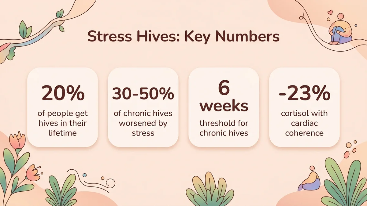 Infographic of key stress hives statistics: about 20% of people affected in their lifetime, 30-50% of chronic cases worsened by stress, 6 weeks as the chronic threshold, 23% cortisol reduction with cardiac coherence