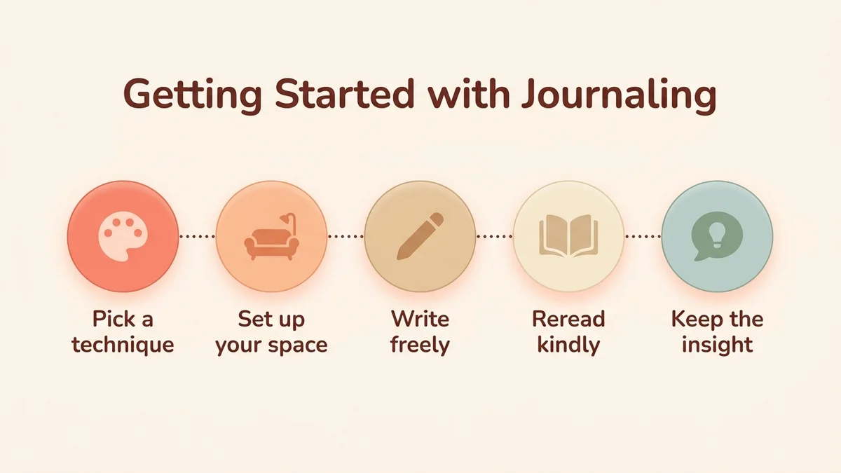 Step-by-step infographic for starting therapeutic journaling: choose your technique, prepare your space, write without filtering, reread with kindness, integrate your insights