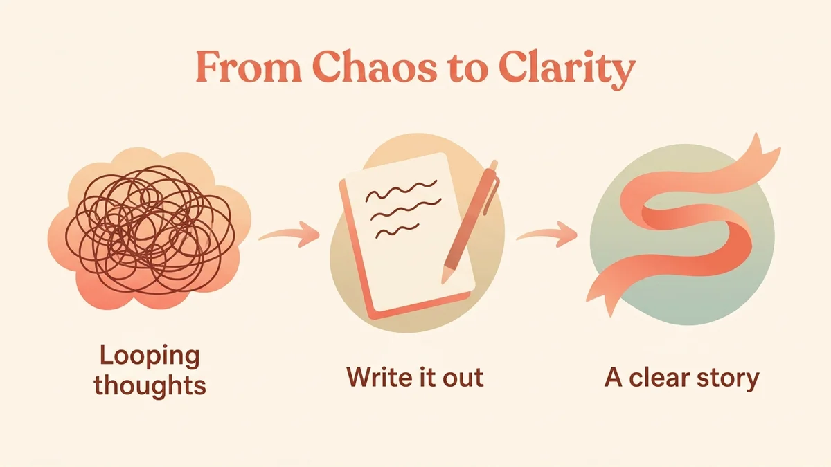 Infographic of how therapeutic journaling works: visual diagram showing chaotic thoughts turning into a structured story, with the brain areas involved (prefrontal cortex, amygdala, hippocampus)