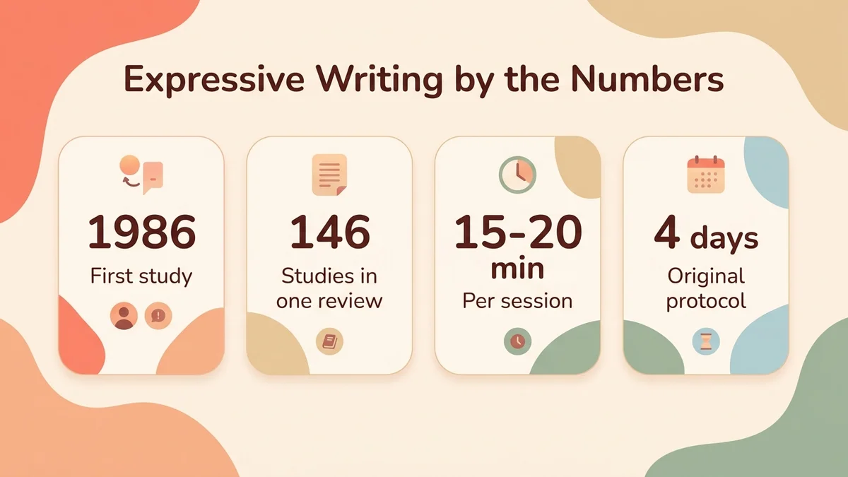 Infographic showing key statistics on therapeutic journaling: research since 1986, 146 studies in one meta-analysis, 15-20 minutes per session, 3-4 days in the original protocol