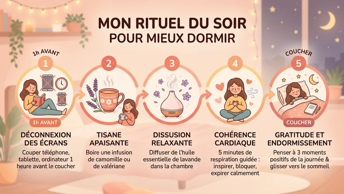 Infographie du processus étape par étape pour établir un rituel du soir efficace : déconnexion, tisane, respiration, gratitude et endormissement