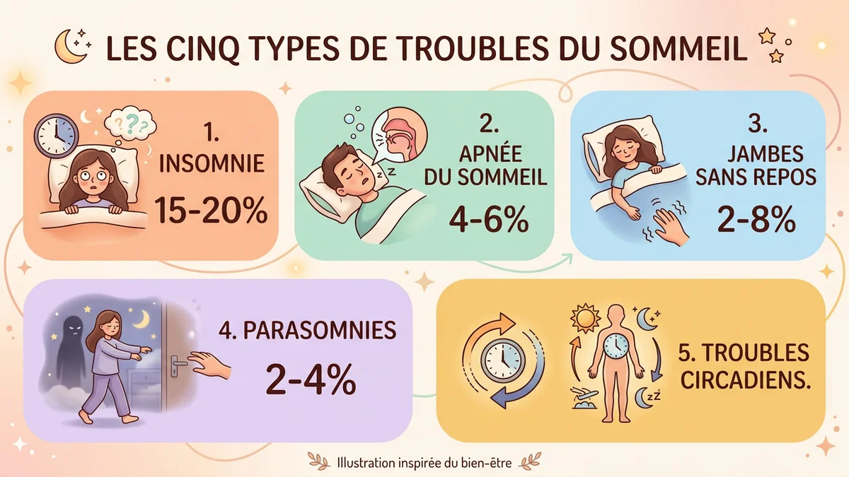 Infographie des cinq types de troubles du sommeil avec leur prévalence en pourcentage, icônes représentatives et symptômes clés pour chaque catégorie