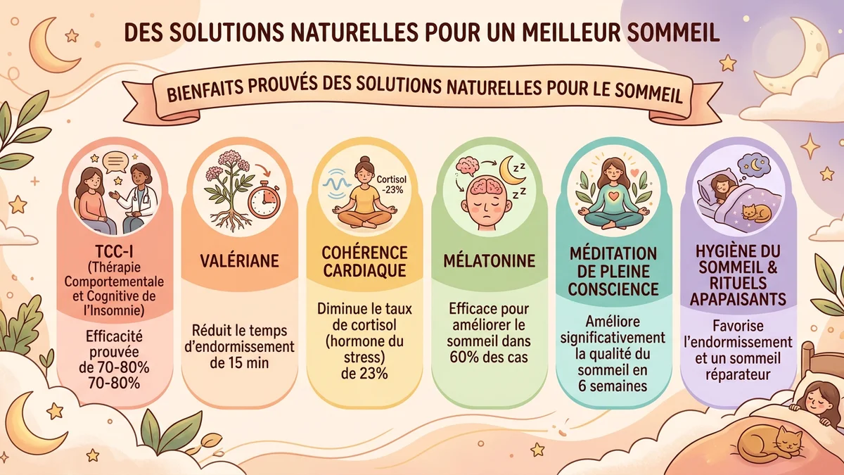Infographie des bienfaits prouvés de chaque solution naturelle avec pourcentages d'efficacité, temps d'action et niveau de preuve scientifique