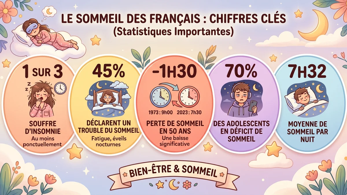 Infographie des statistiques clés sur les troubles du sommeil en France : 1 Français sur 3 souffre d'insomnie, 45% déclarent un trouble, perte de 1h30 en 50 ans, 70% des ados en déficit