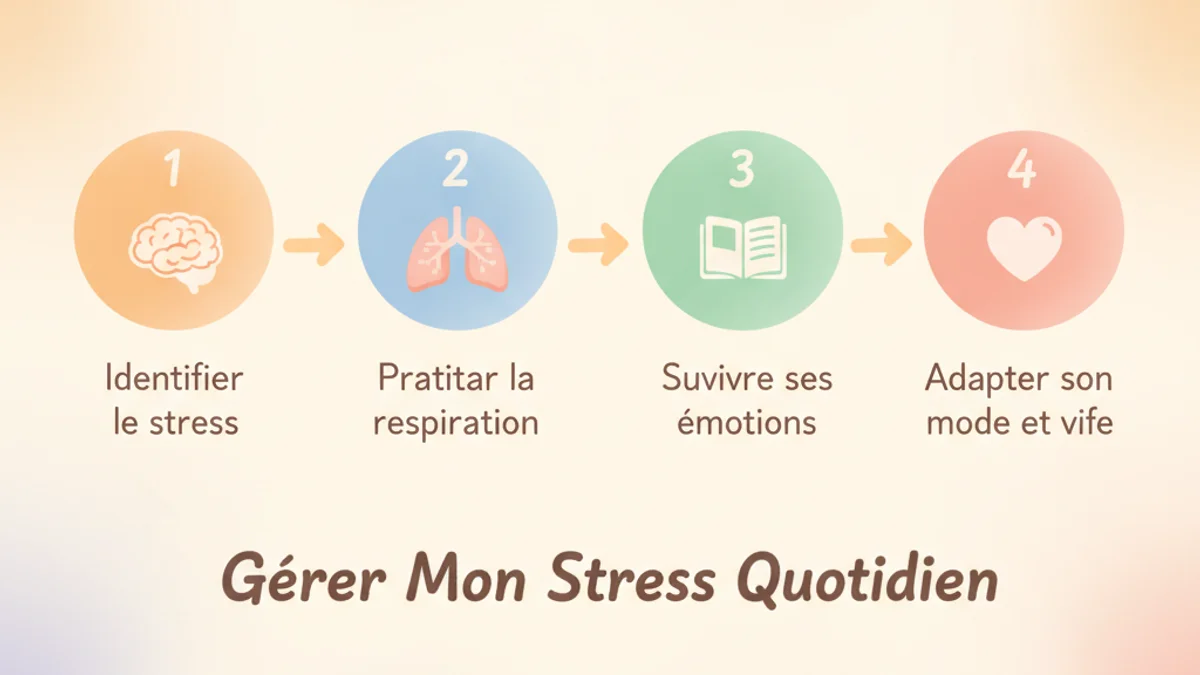 Infographie du protocole anti-urticaire en 4 étapes : identifier le stress, pratiquer la respiration, suivre ses émotions, adapter son mode de vie