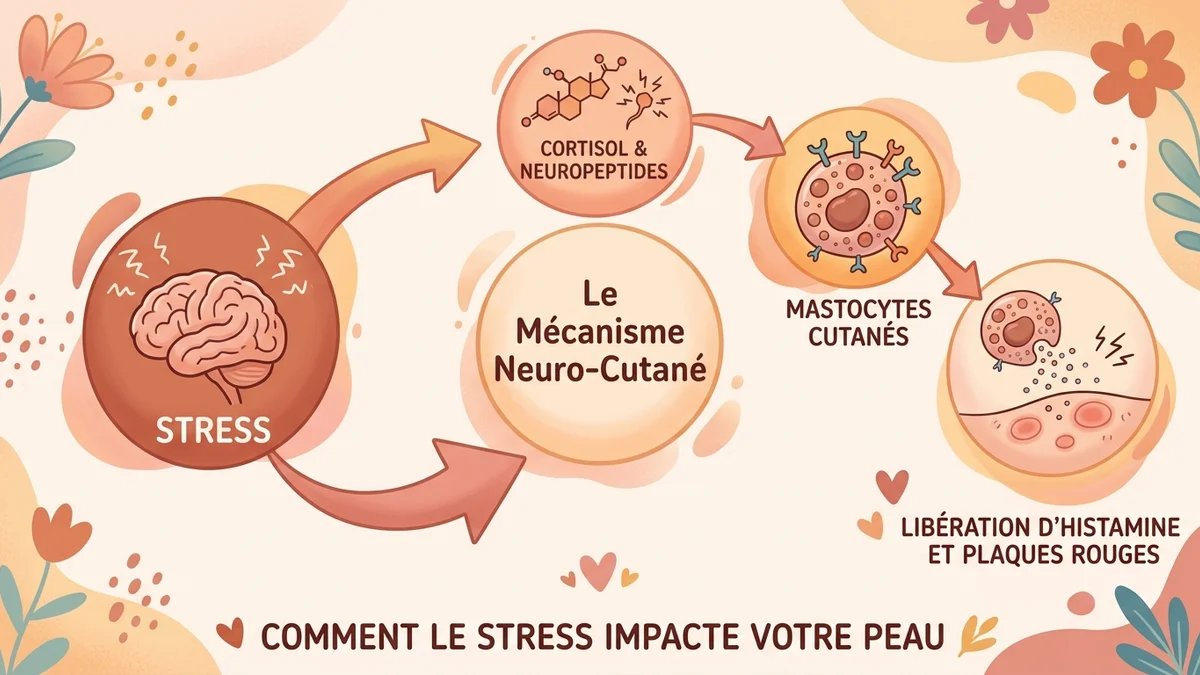 Infographie du mécanisme neuro-cutané : schéma montrant le parcours stress, cortisol, neuropeptides, dégranulation mastocytaire et libération d'histamine dans la peau
