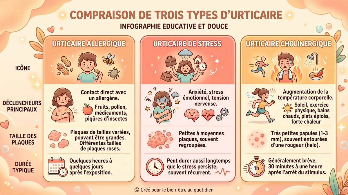 Infographie comparative des trois types d'urticaire avec leurs caractéristiques visuelles, déclencheurs et durées