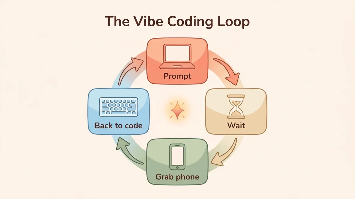 Infographic of the vibe coding cycle: a developer types a prompt, waits while the AI generates, grabs their phone, then comes back — a looping cycle with dopamine icons