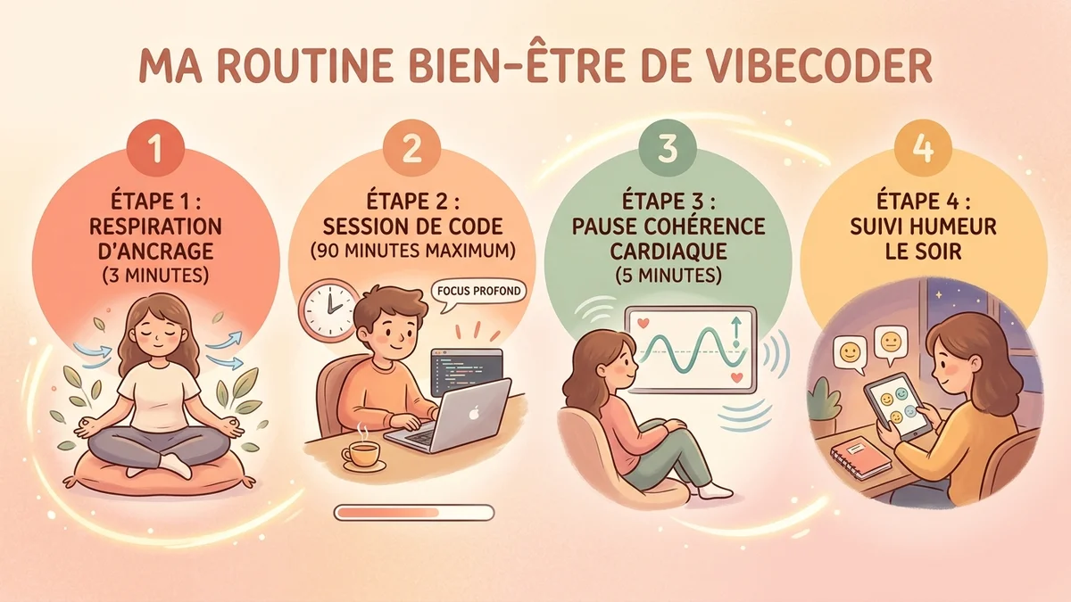 Infographie étape par étape de la routine Serena pour développeurs : 4 étapes numérotées de la journée avec icônes, durées et bénéfices cognitifs associés