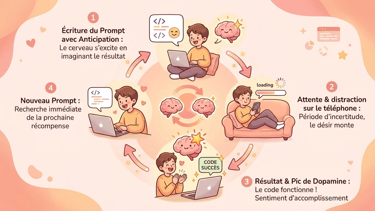 Infographie du cycle du vibe coding : un développeur assis face à un écran tape un prompt, attend pendant que l'IA génère, sort son téléphone, puis revient — cycle en boucle avec des icônes de dopamine