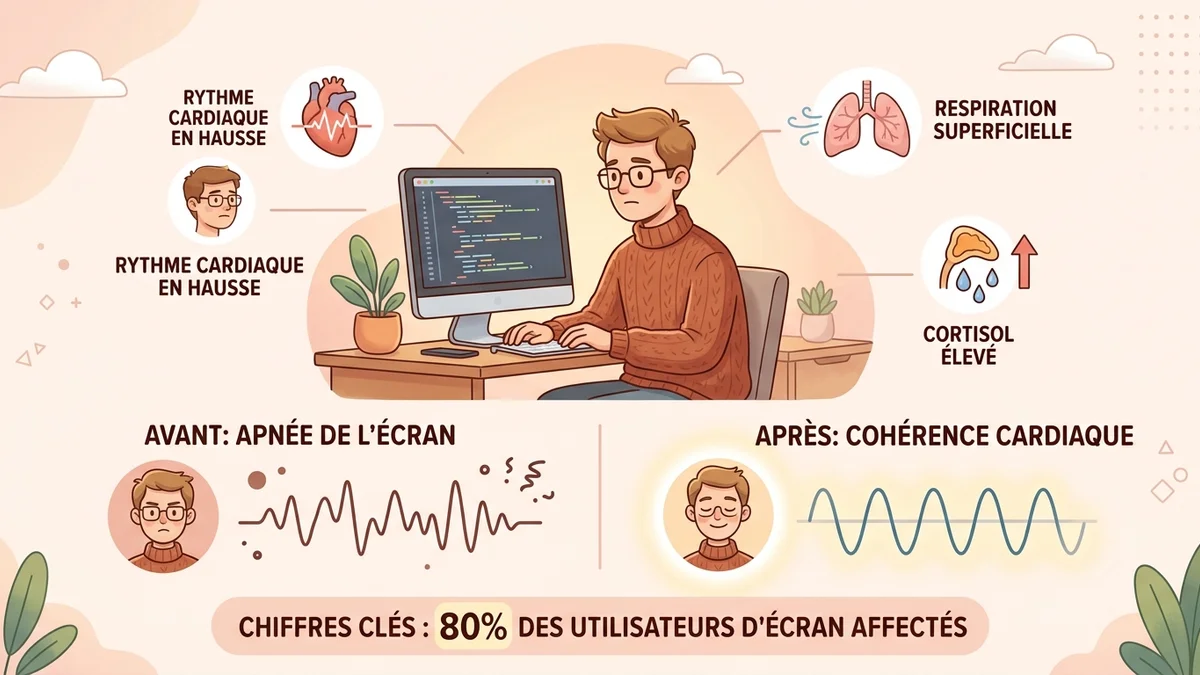 Infographie de l'apnée de l'écran chez le développeur : schéma montrant le cycle prompt-apnée-résultat, avec les indicateurs physiologiques (cortisol, rythme cardiaque, tension) et le contraste respiration normale vs apnée de l'écran