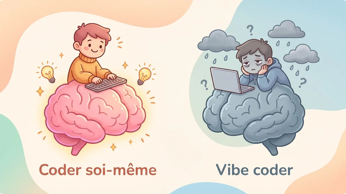 Infographie comparant le cerveau en mode création (dev classique) vs mode évaluation (vibe coding) : deux schémas cérébraux avec zones activées différentes, temps de deep work, et indicateurs de stimulation cognitive