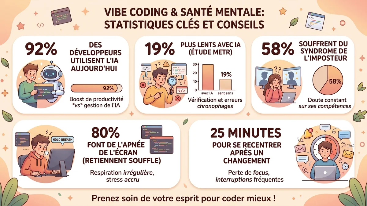 Infographie des 5 techniques de protection cognitive pour vibecoders : batch prompting, règle des 90 minutes, cohérence cardiaque, soupir physiologique, relecture active — chaque technique avec icône, durée et bénéfice principal