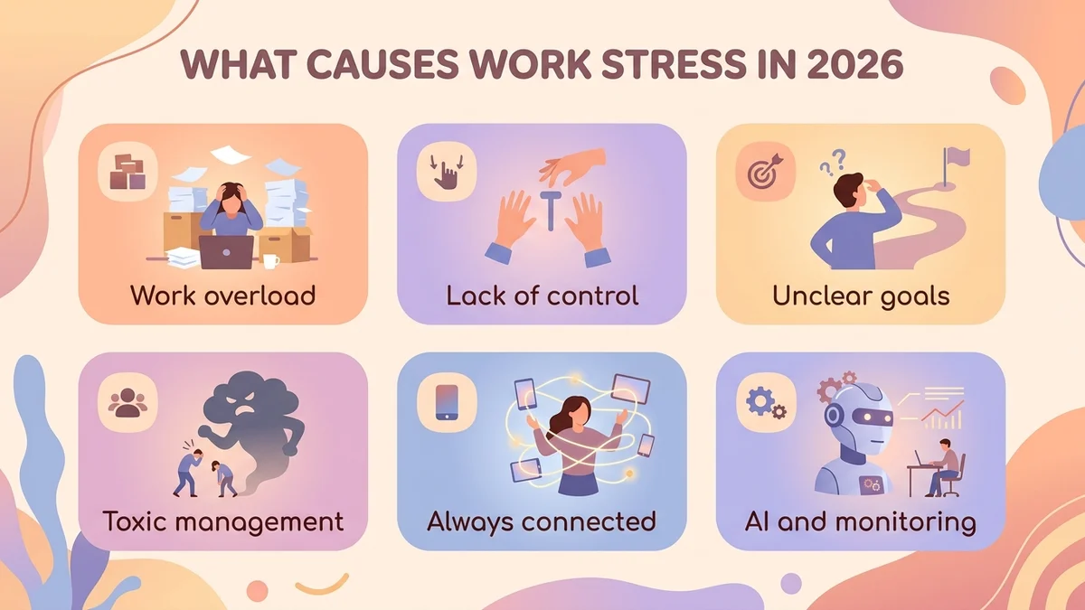 Infographic of the six main causes of work stress in 2026, with icons by category and a distinction between organizational and relational factors