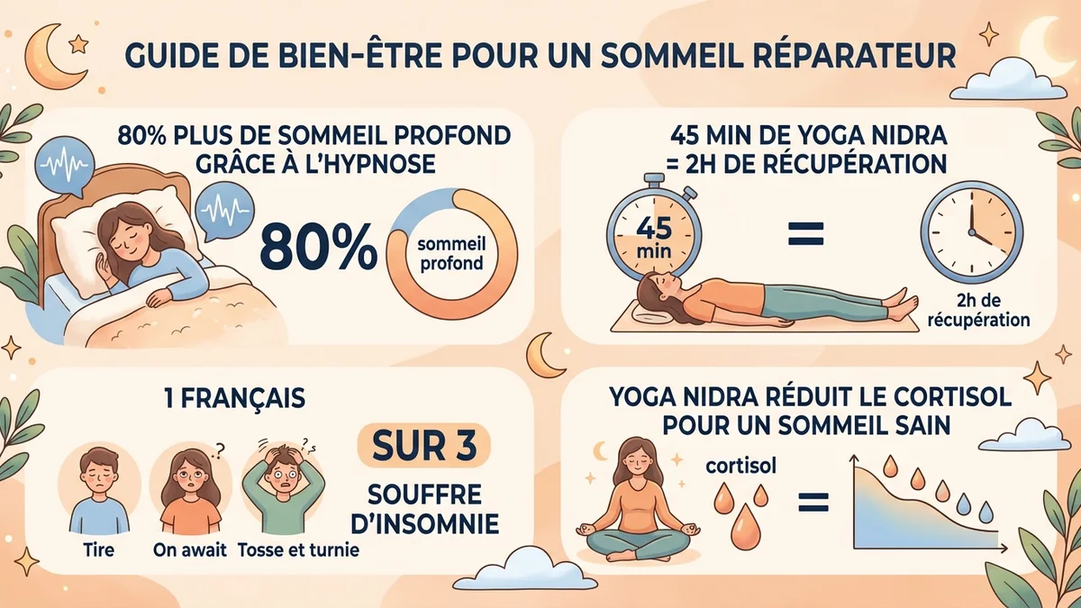 Infographie des statistiques scientifiques sur le yoga nidra et l'hypnose sommeil