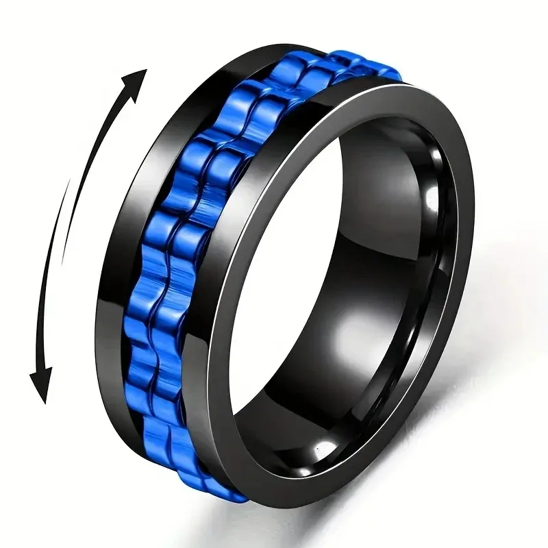 Stainless steel fidget ring for men with a rotating gear chain centre band